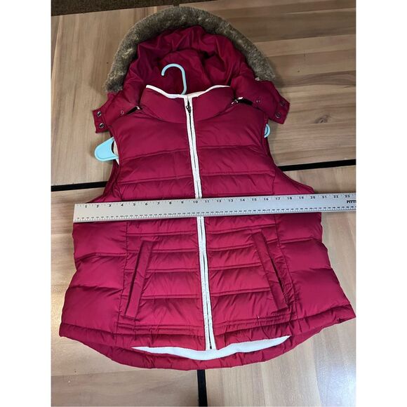 Ann Taylor Loft Red Quilted Down Puffer Vest Womens Size LP Fleece Lined Hooded - Picture 7 of 7